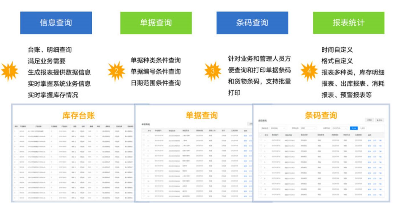 智能仓储管理系统WMS报表台账：条码查询、库存查询、单据查询