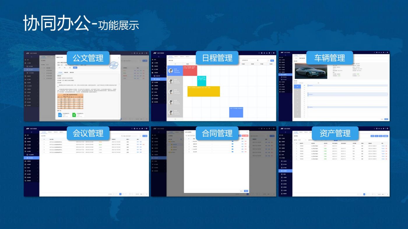 公文管理、日程管理、车辆管理、会议管理、合同管理、资产管理，提供内部协作效率，减少工作出错率