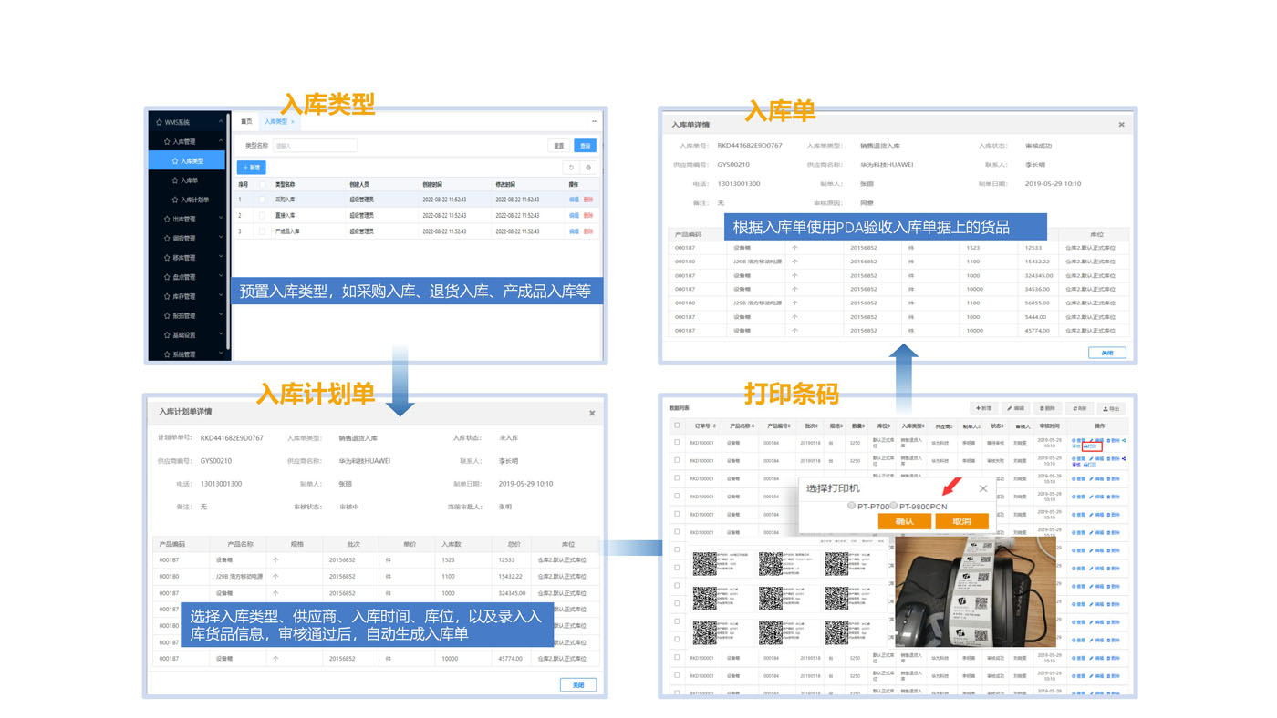 智能仓储管理系统WMS入库管理：入库类型，入库单，入库计划单，打印条码