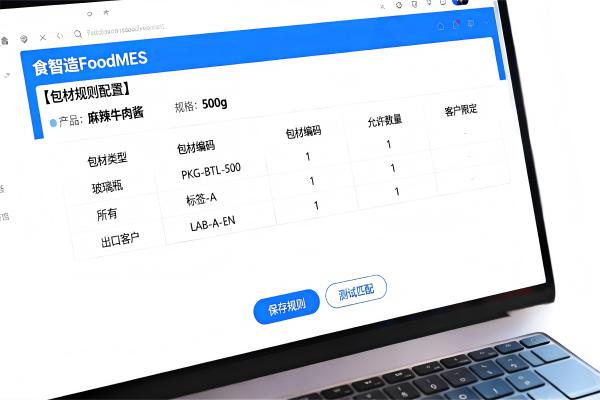 包装环节如何防错?FoodMES绑定产品与包装规格(图2) 包材规则配置界面_包装管理_FoodMES.jpg