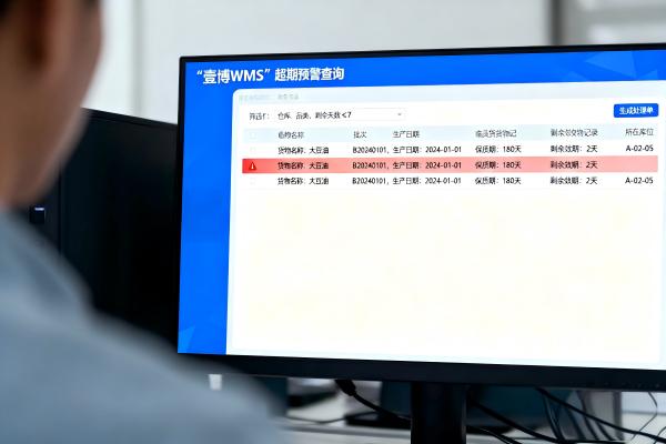 WMS超期预警查询界面：高亮显示临期批次，含剩余效期、库位等关键信息