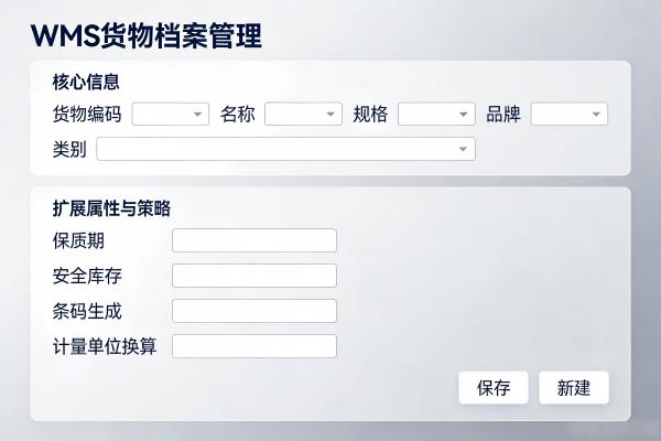 WMS货物档案管理界面，展示货物基本信息、扩展属性、条码及库存策略配置区域