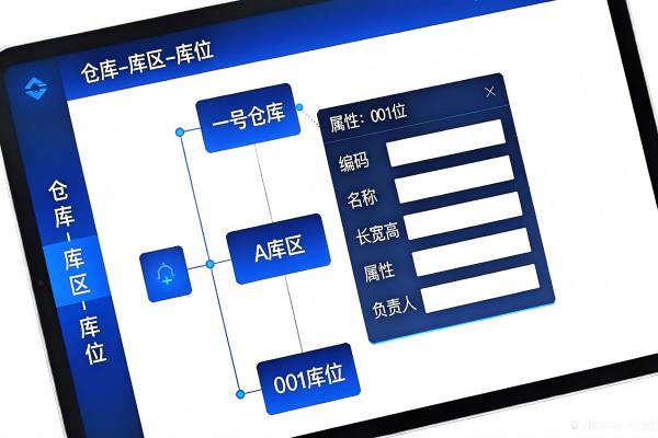 WMS仓库物理模型设置界面，展示仓库、库区、库位的树形结构及属性配置