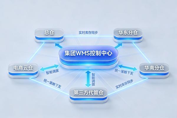WMS多仓协同业务模型示意图，展示总仓、分仓、云仓之间的库存同步与调拨关系
