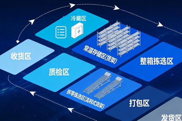 WMS仓库功能分区与作业动线优化示意图