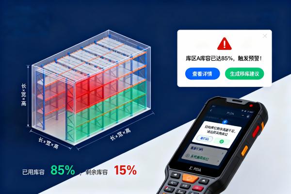 WMS基于仓库尺寸数据实现库容预警与智能上架的示意图