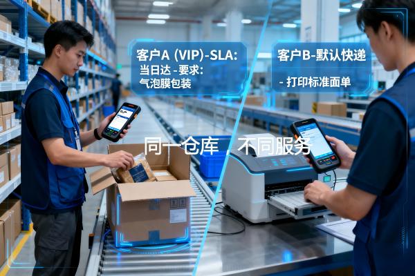 WMS基于客户SLA与偏好实现差异化出库与包装的场景示意图