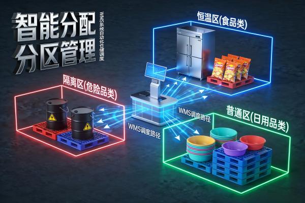 WMS基于货物类别自动分配不同存储区域（如恒温区、隔离区）的场景示意图