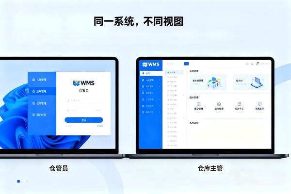 WMS根据不同用户角色（仓管员、主管）展示不同菜单界面的对比示意图