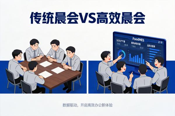 食品企业如何利用FoodMES数据看板进行每日生产晨会?(图1) 晨会_数据看板_FoodMES.jpg