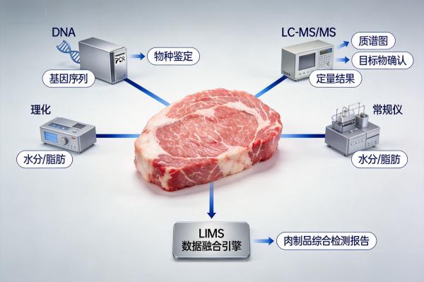 肉制品掺假与溯源检测:LIMS如何整合DNA、质谱等多源数据?(图1) 肉制品LIMS多源数据整合架构图_肉制品掺假溯源_LIMS.jpg