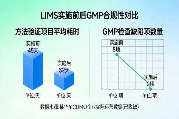 医药中间体实验室:LIMS如何满足GMP对方法验证与转移的严苛要求?(图2) LIMS实施前后GMP合规性对比图_方法转移合规_LIMS.jpg