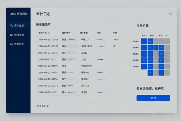 信创环境下LIMS数据安全与私有化部署方案:合规保障与架构实践(图3) LIMS数据加密与审计追踪界面.jpg