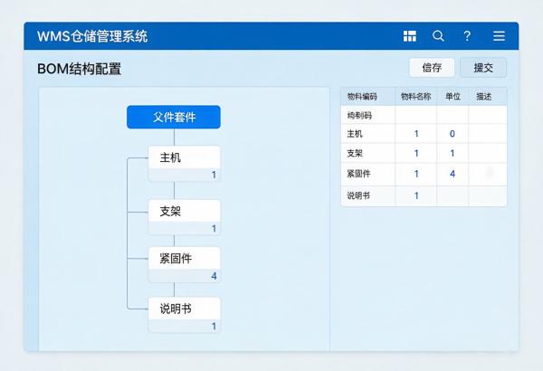 WMS组装拆卸管理:BOM结构与套件库存自动扣减(图1) BOM结构配置界面_WMS.jpg