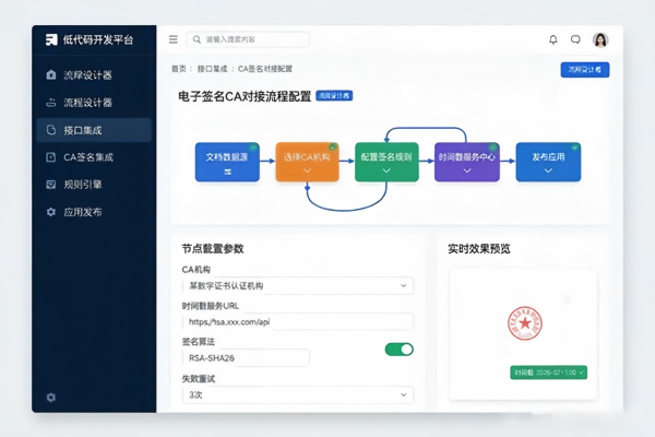 档案“电子签名”与时间戳:低代码定制开发在合规应用中的实践(图1) 低代码配置CA对接流程.jpg
