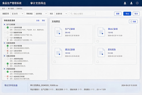 审计材料太多:食智造FoodMES一键生成GMP、ISO全套文档(图1) 审计文档导出_GMP合规_FoodMES.jpg