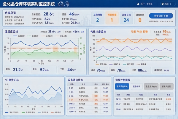 危险品仓储:低代码定制开发中的合规管理与应急联动(图2) 危化品存量与温湿度实时监控看板_低代码.jpg